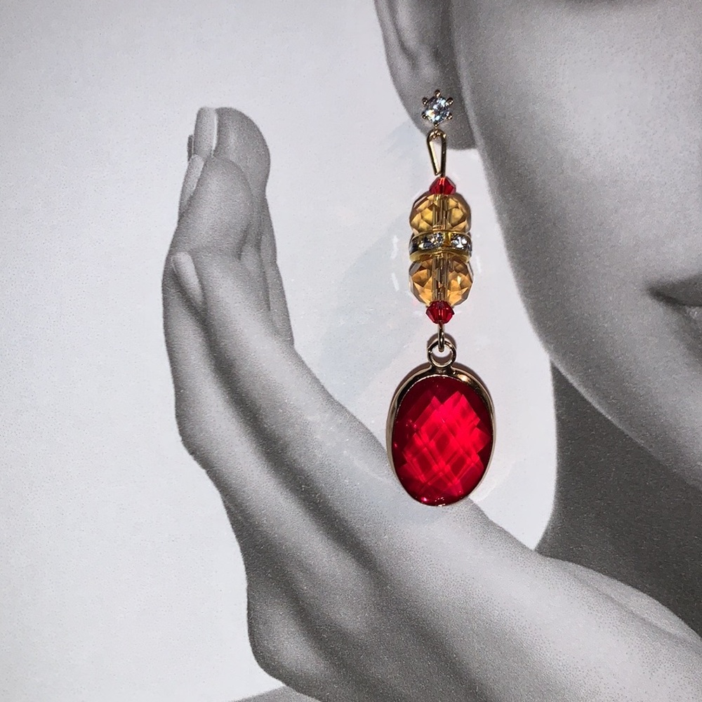 Handcrafted Cubic Zirconia Stud Post Drop w Red Grade A Rhinestone Birthstone